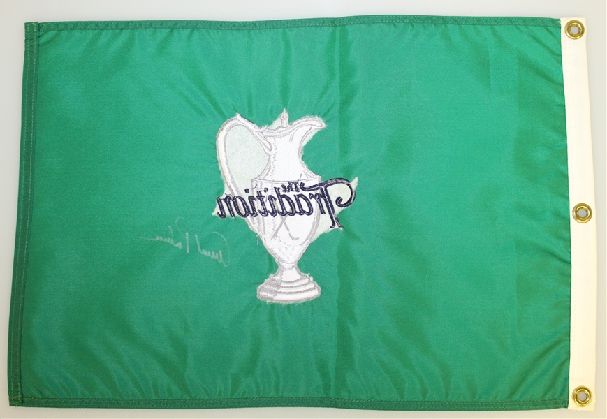 Arnold Palmer Signed 'The Tradition' Green Embroidered Flag in Silver JSA ALOA
