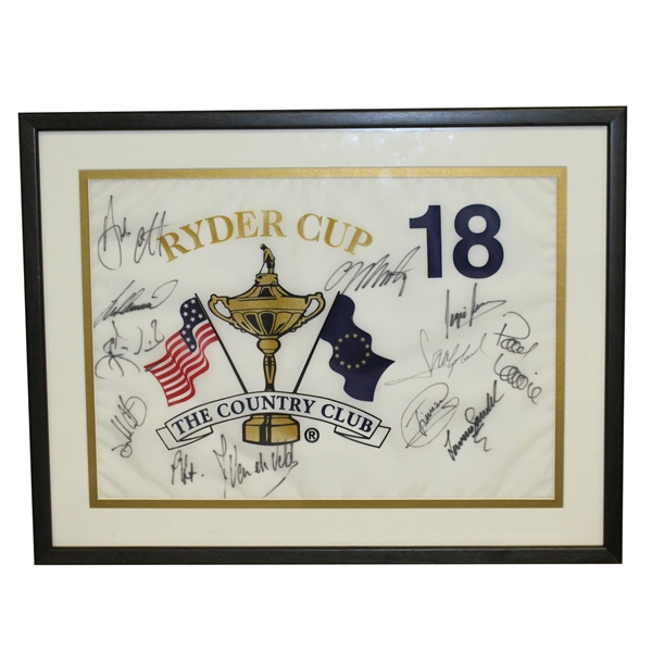 1999 Ryder Cup at The Country Club European Team Signed Flag - Framed JSA ALOA