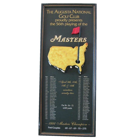 1992 Masters Tournament Wood Plaque Listing All Winners & Current Winner Fred Couples