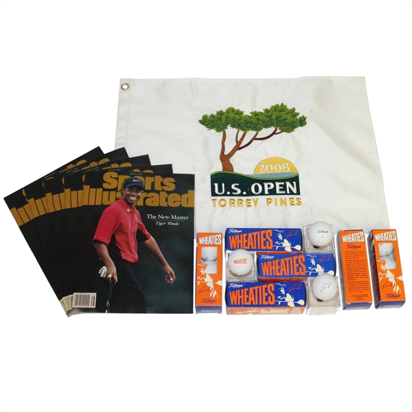 Tiger Woods Lot - 6 Wheaties Golf Ball Sleeves, 5 Sports Illustrated Magazines, 2008 Torrey Pines Embroidered Flag
