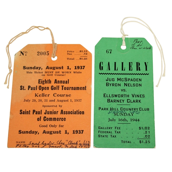 St. Paul Open Golf Tournament Ticket (1937) & McSpaden/Nelson vs. Vines/Clark Park Hill Country Club Ticket
