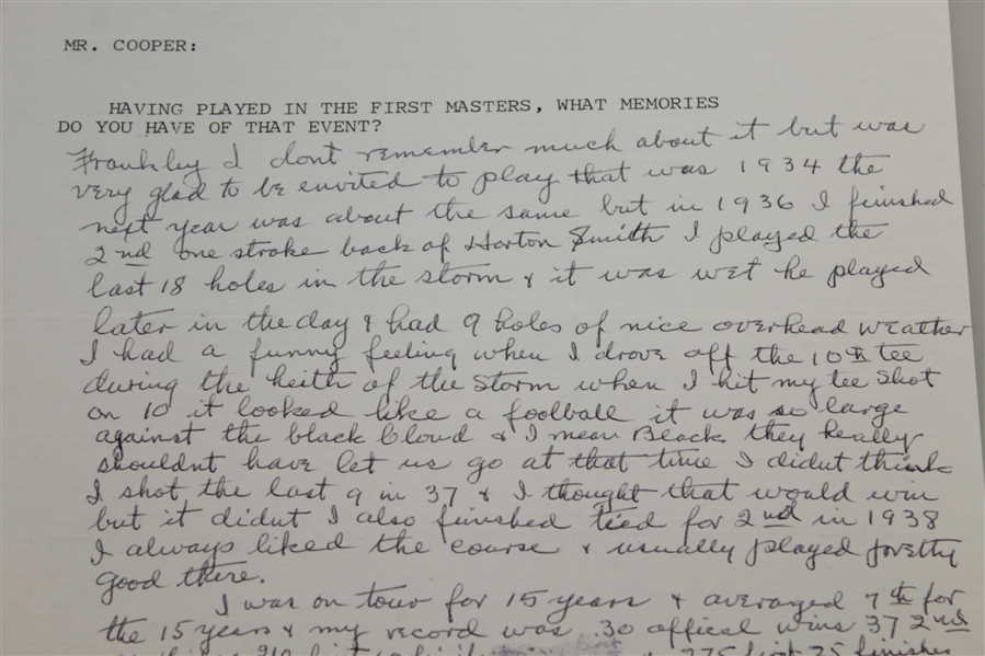 Lighthorse Harry Cooper Signed Full Page Letter On 1934 Masters JSA ALOA
