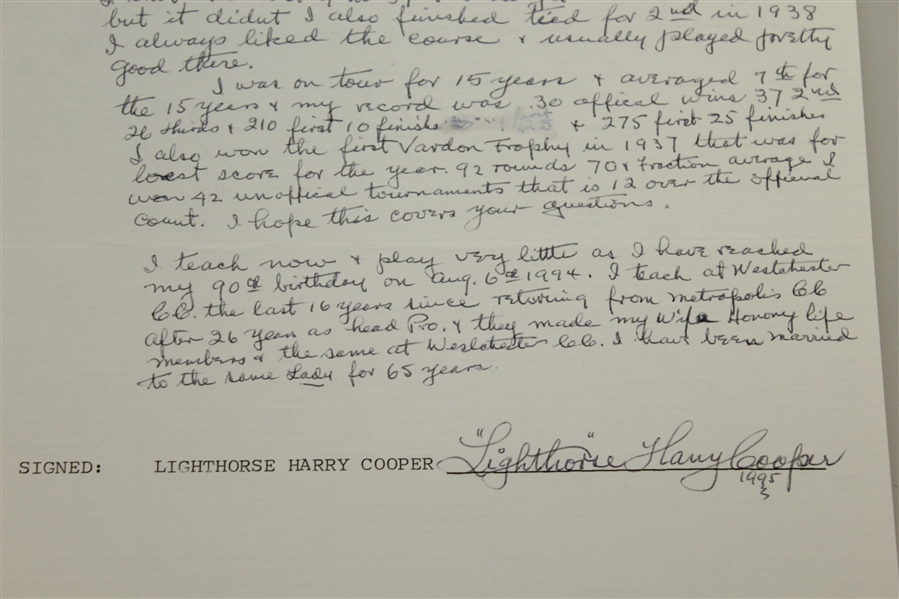 Lighthorse Harry Cooper Signed Full Page Letter On 1934 Masters JSA ALOA