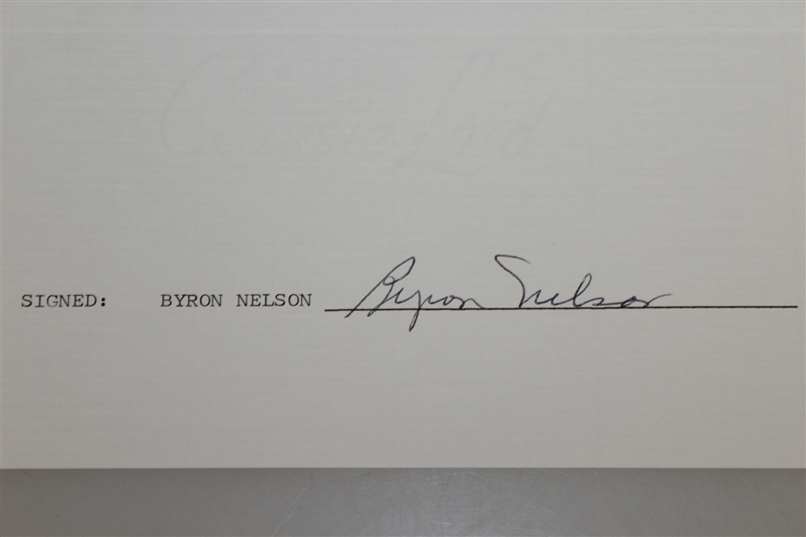 Byron Nelson Signed Letter w/ Bobby Jones Content JSA ALOA