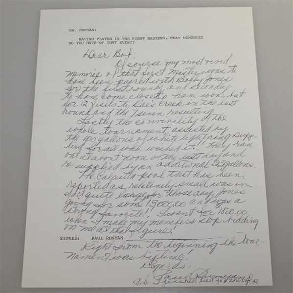 Paul Runyon Signed Full Page Letter On 1934 Masters JSA AOLA
