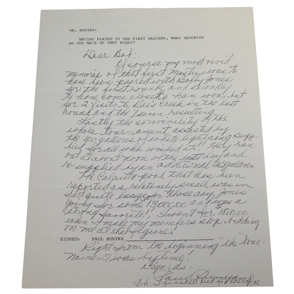 Paul Runyan Signed Full Page Letter On 1934 Masters JSA ALOA