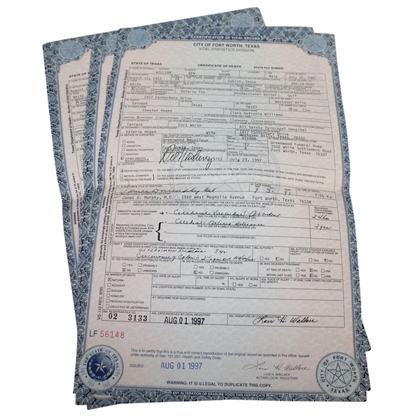Eight Copies of Ben Hogan's Death Certificate
