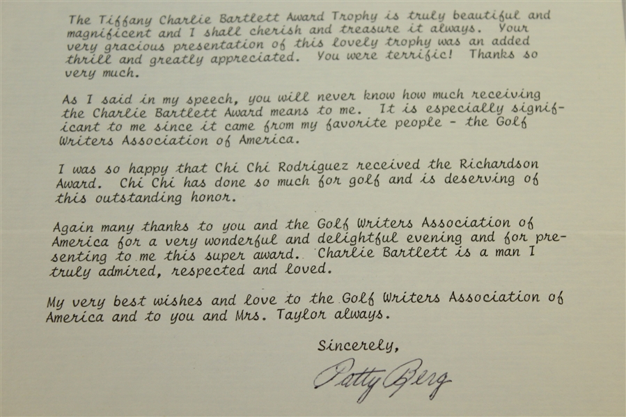 Patty Berg Signed Letter Of Thanks To Dick Taylor For The Charlie Bartlett Award JSA ALOA