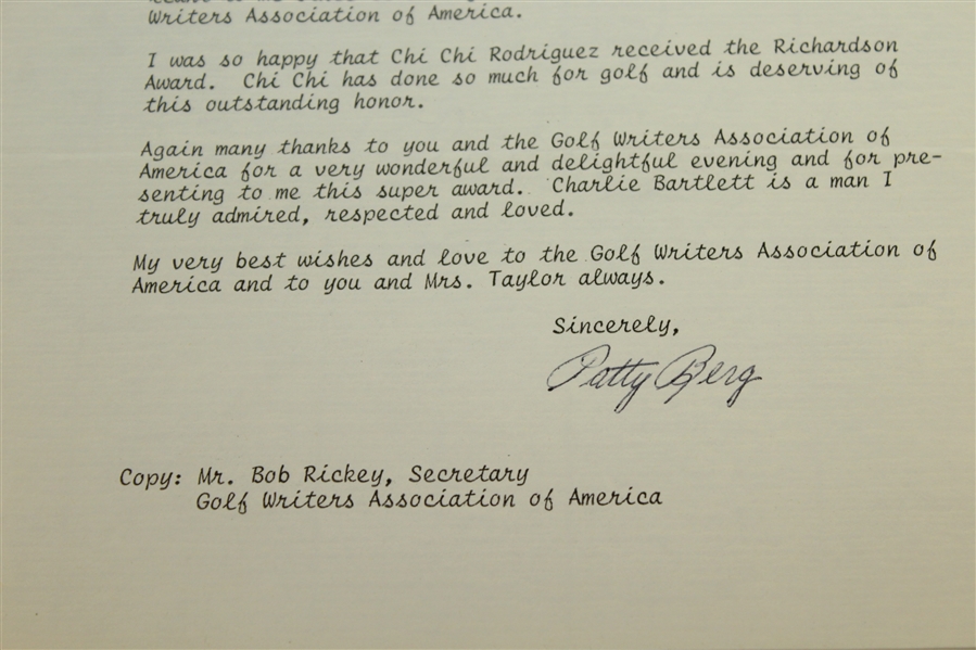 Patty Berg Signed Letter Of Thanks To Dick Taylor For The Charlie Bartlett Award JSA ALOA