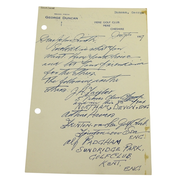 George Duncan (D-1964) Handwritten Signed Letter JSA AOLA
