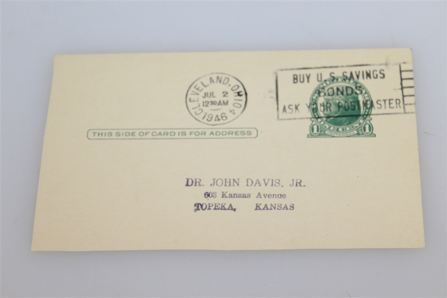 Billy Burke Signed 1946 Government Postcard w/ Inscription - 1931 US Open Golf Championship JSA AOLA