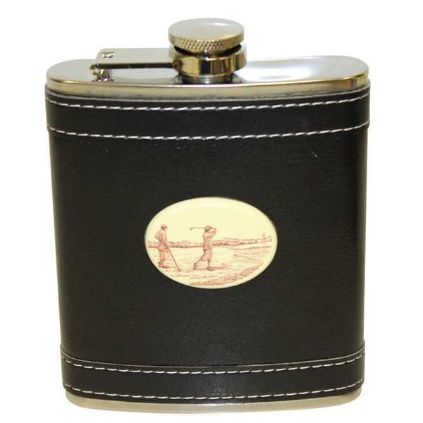 Barlow Leather Stainless Steel Vintage Golf Themed Pocket Flask - 7oz