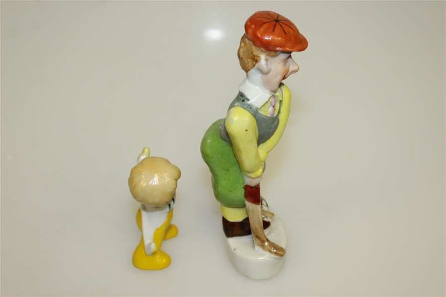 Pair of Vintage Japanese Hand Painted Porcelain Golfers - One on Base