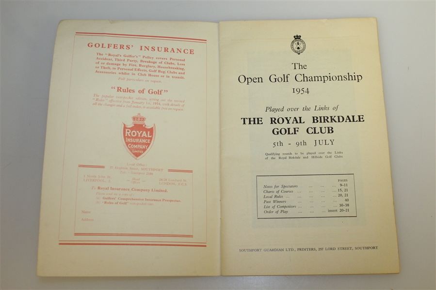 1954 The Open at Royal Birkdale Official Thursday Programme & Drawsheet - Peter Thomson Winner