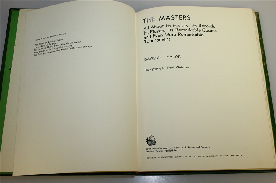 1973 'The Masters: Profile of a Tournament' Book by Dawson Taylor