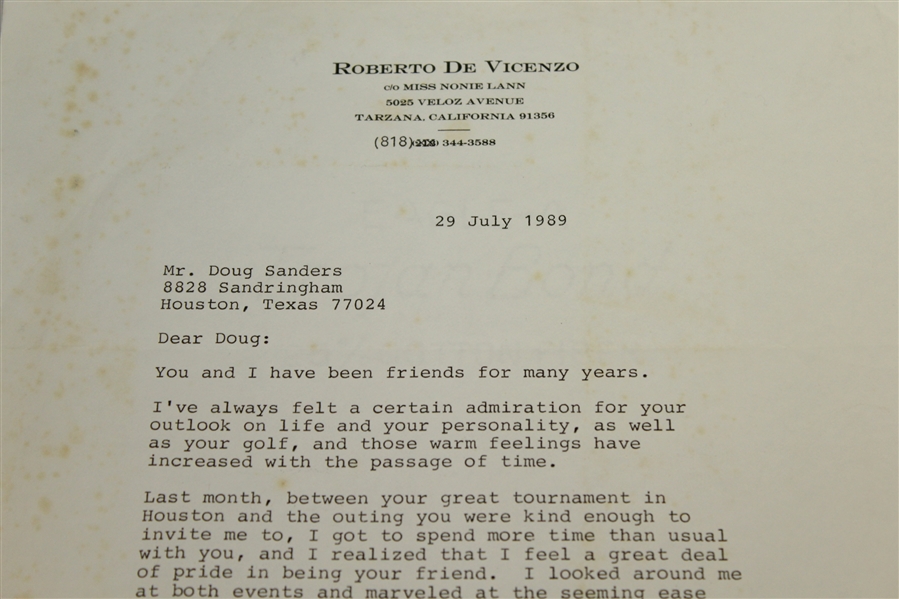 Robert de Vicenzo Signed 7/29/1989 Typed Letter to Doug Sanders JSA ALOA