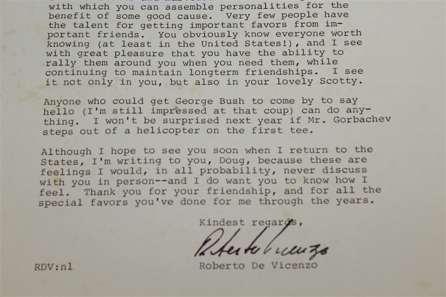 Robert de Vicenzo Signed 7/29/1989 Typed Letter to Doug Sanders JSA ALOA