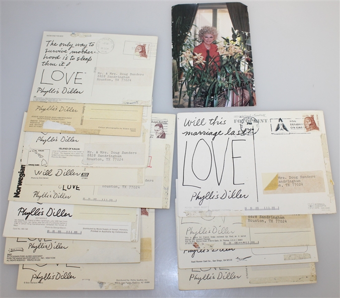 Phyllis Diller Signed 13 Postcards to Doug Sanders with Signed Photo JSA ALOA