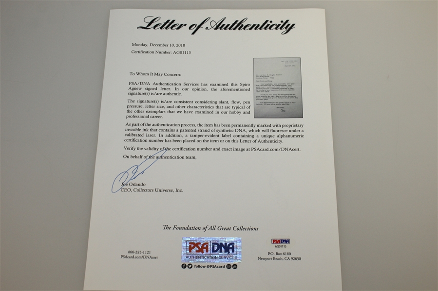 US Vice President Spiro Agnew Signed 4/27/1972 Typed Letter to Doug Sanders PSA/DNA #AG01115