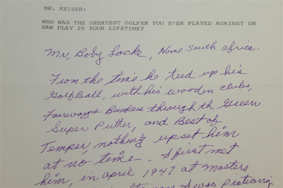 Herman Keiser Signed & Handwritten Response Letter Claiming Bobby Locke Best Player-'47 Masters Content- JSA ALOA