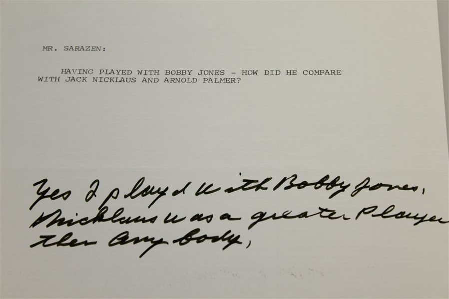 Gene Sarazen Signed & Handwritten Response Letter Comparing Jones with Nicklaus & Palmer JSA ALOA