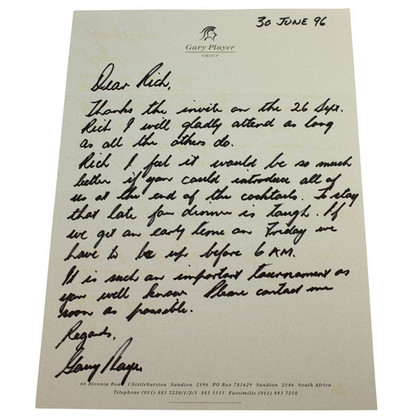 Gary Player Signed & Handwritten 1996 Letter Confirming Dinner Invite JSA ALOA