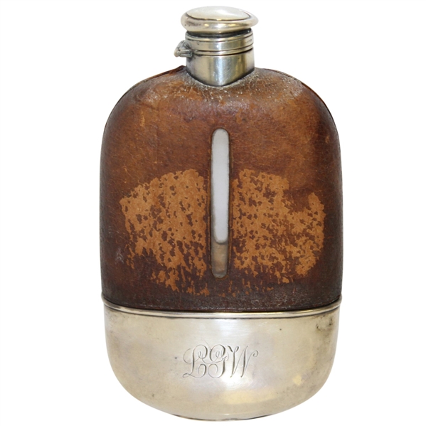 Vintage Sterling Silver, Glass & Leather Sheath Flask with Monogrammed LGW & Enameled Golfer