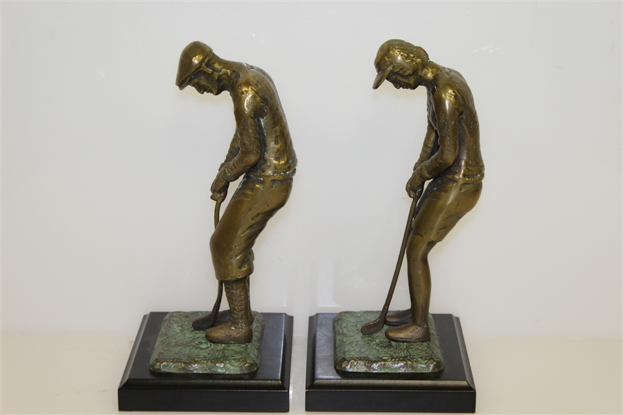 Bronze Pair of Male & Female Golfer Bookends on Plinth - Circa 1920's Era Golfers