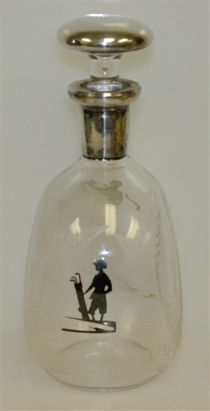 1920's Sterling Inlay Post-Swing Golfer Themed Rye Whiskey Glass Decanter with Stopper
