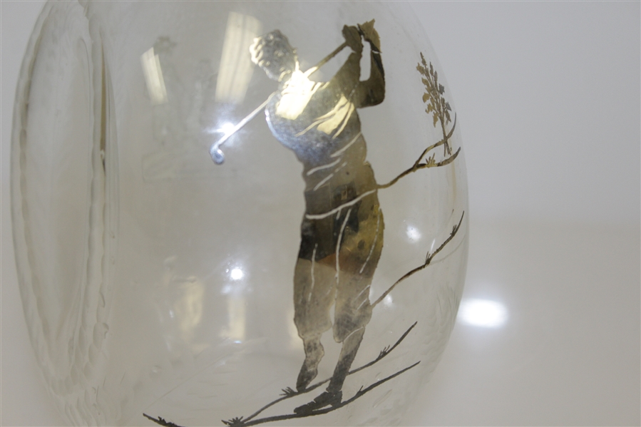 1920's Sterling Inlay Post-Swing Golfer Themed Rye Whiskey Glass Decanter with Stopper