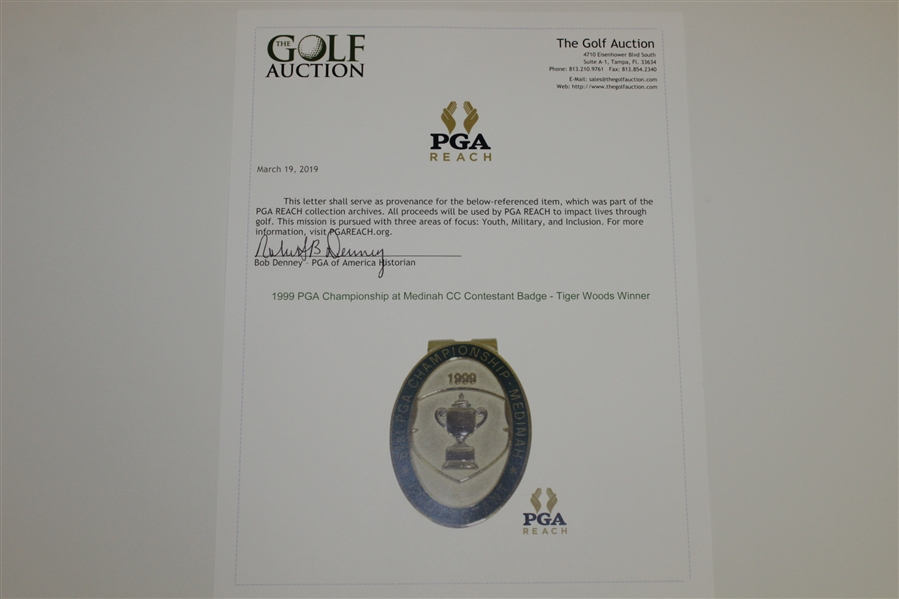 1999 PGA Championship at Medinah CC Contestant Badge - Tiger Woods Winner