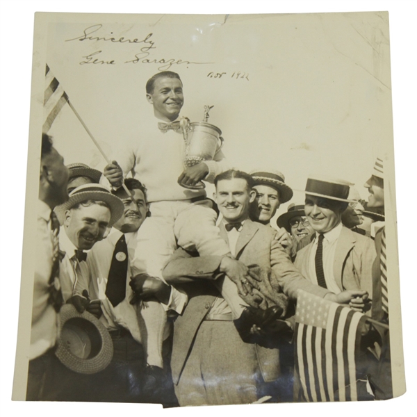 Gene Sarazen Signed Vintage  Type 1 Wire Photo from 1922 US Open Win - Time Period Sig & Notation JSA FULL #BB11039)
