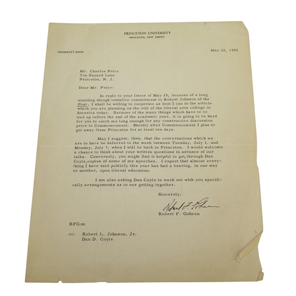 Robert F. Goheen Signed Two Letters to Charles Price JSA ALOA
