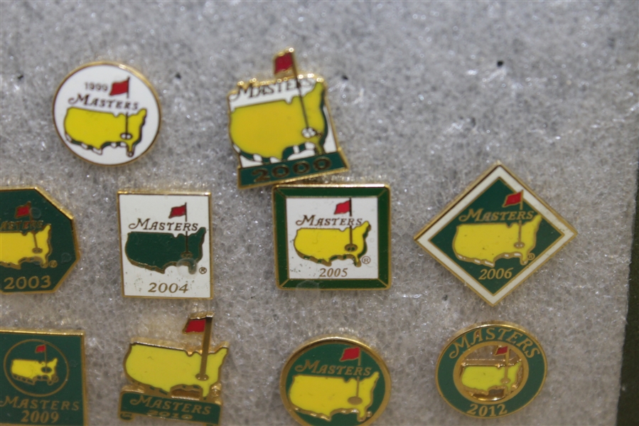 Masters Tournament Employee Pins (19) In Framed Piece - Run of 1998-2016