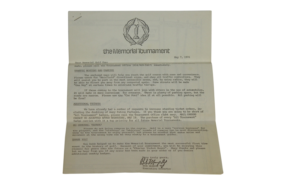 Tribute to Bobby Jones Inaugural 1976 Memorial Tournament Scorecard, Pairing Sheet & Correspondence 