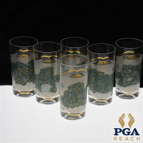 Set of 6 Famous Golf Course Glass Tumblers - Oakmont, Mid-Ocean, Oakland Hills, Pebble Beach, August National and Baltusrol