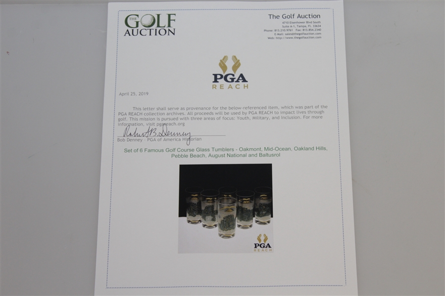 Set of 6 Famous Golf Course Glass Tumblers - Oakmont, Mid-Ocean, Oakland Hills, Pebble Beach, August National and Baltusrol