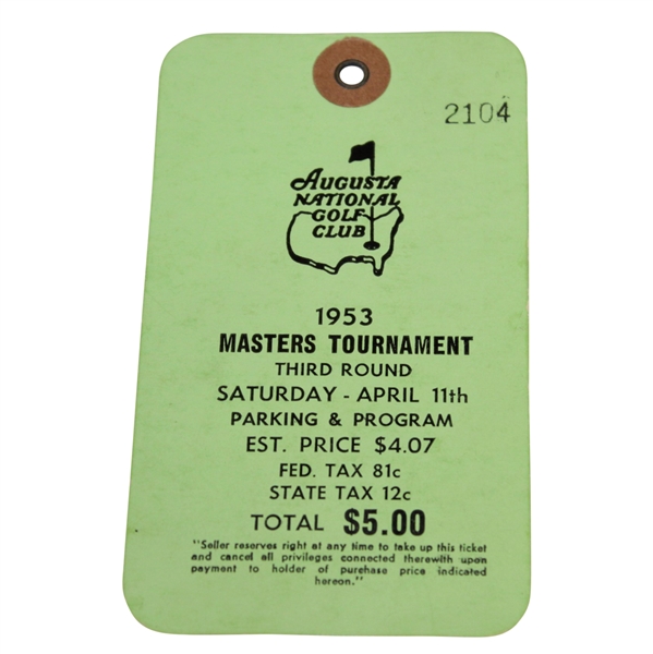 1953 Masters Tournament Third Round Badge #2104 - Ben Hogan Winner