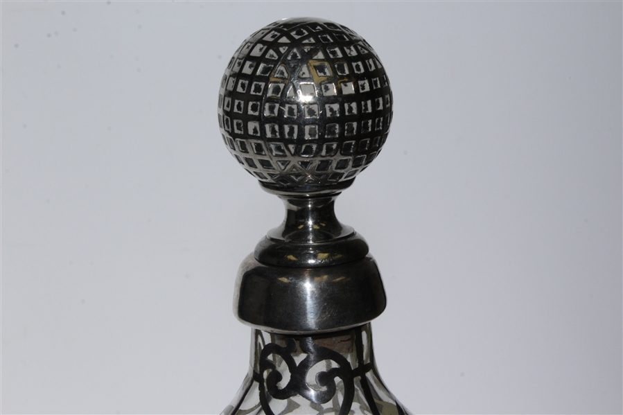 Glass Vase / Decanter with Silver Overlay Design & Golf Ball Stopper
