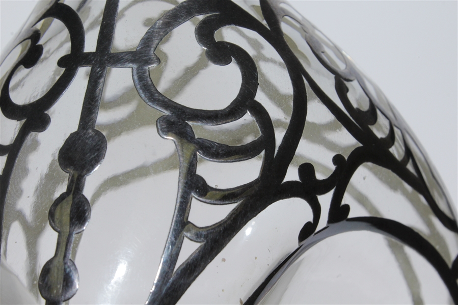 Glass Vase / Decanter with Silver Overlay Design & Golf Ball Stopper