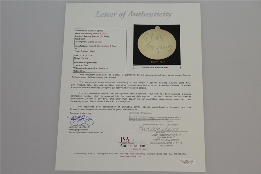 Tommy Armour Signed Advertising Coaster w/ Inscription JSA Full Letter #B97217