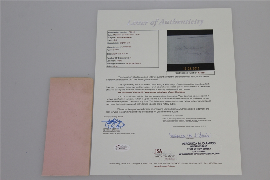 Jock Hutchison Signature w/ 'Chicago, IL' Inscription JSA Full Letter #X75251