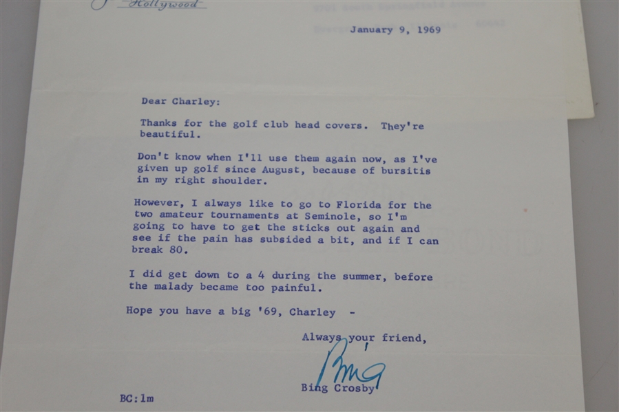 Bing Crosby Signed 1969 Letter to C. Penna w/ Envelope - Seminole Content JSA ALOA