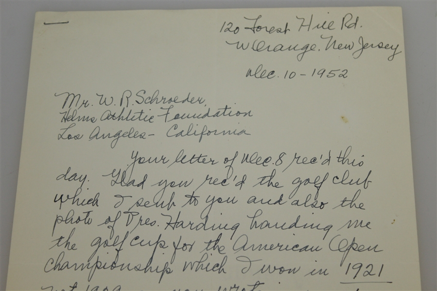 Jim Barnes Signed 12/10/52 Handwritten Letter - 1921 US Open Content - PSA/DNA Full #U07885