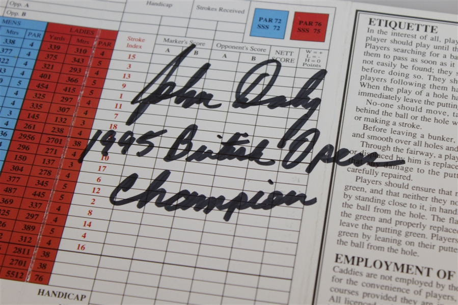John Daly Signed St Andrews The Old Course Scorecard w/ '95 Notation JSA ALOA