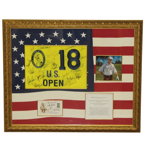 Tiger Woods & Payne Stewart Signed 1999 US Open Flag & Picture Presentation JSA ALOA