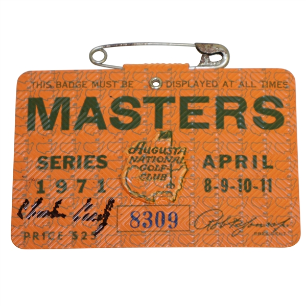 Charles Coody Signed 1971 Masters Tournament Badge #8309 JSA #EE96306
