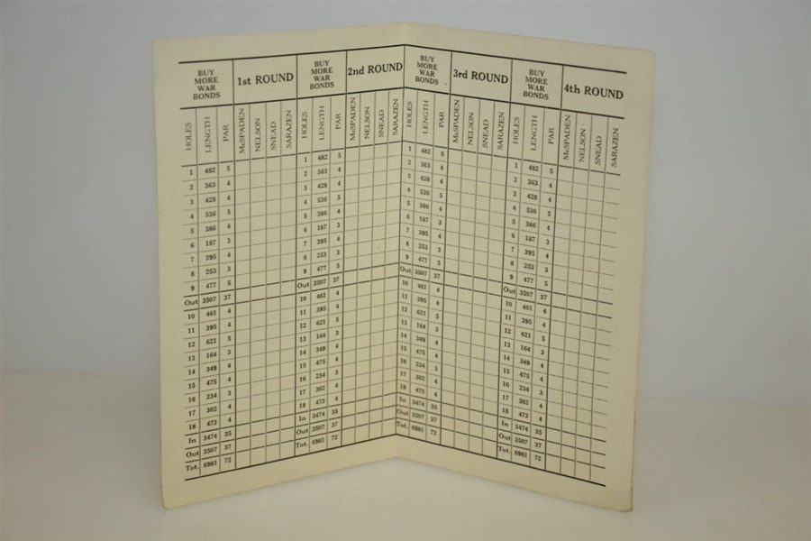 1945 Big Four War Bond at Oakmont Souvenir Scorecard - Nelson, Snead, McSpaden, & Sarazen