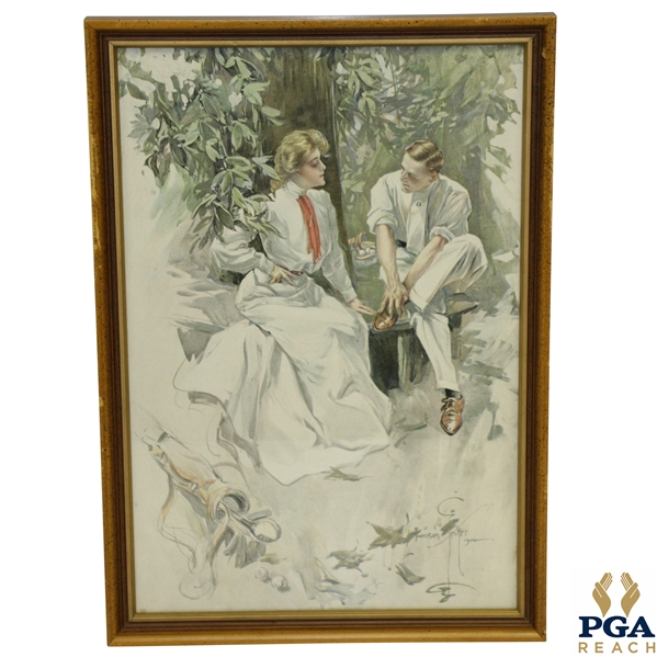 Circa 1904 Golfing Couple Sitting on Bench Print by Artist Harrison Fisher 