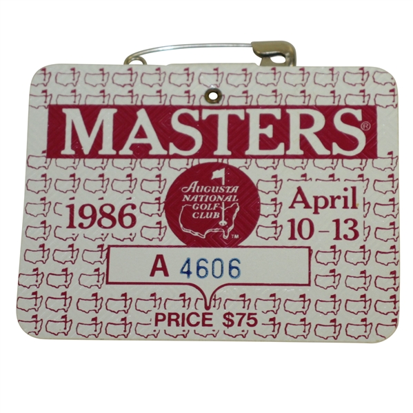 1986 Masters Tournament Series Badge #A4606 - Jack Nicklaus' Record 6th Green Jacket